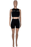 Pure Color Black White Letter Sleeveless Shorts Sets KXL834
