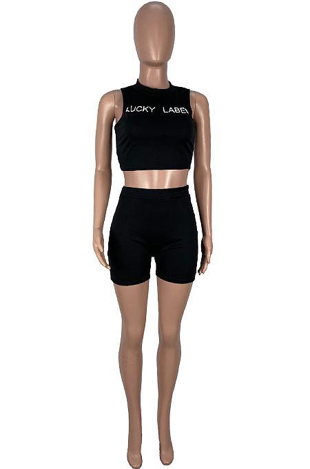 Pure Color Black White Letter Sleeveless Shorts Sets KXL834