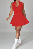 Casual Pure Color Small Stand Collar Zipper Sleeveless Pleated Skirt Two-Pieces JP1039