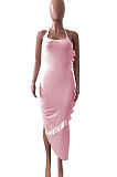 Pure Color Flounce Shirred Detail Midi Dress NK245