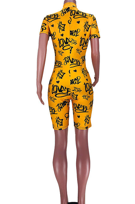 Short Sleeve Letter Printing Zipper Romper Shorts JZH8056