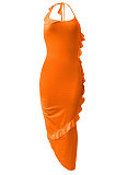 Pure Color Flounce Shirred Detail Midi Dress NK245