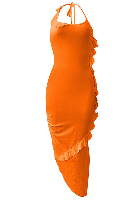 Pure Color Flounce Shirred Detail Midi Dress NK245
