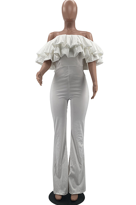 Fashion Casual Pure Color Flanging Flare Jumpsuits W8385 