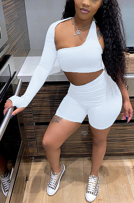One Shoulder Sexy Hollow Sport Long Sleeve Shorts Sets SFM0258