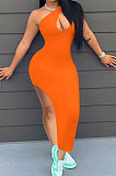 Women Pure Color Inclined Shoulder Open Fork Mini Dress NK246