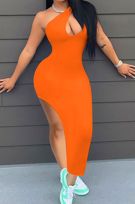 Women Pure Color Inclined Shoulder Open Fork Mini Dress NK246