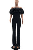 Fashion Casual Pure Color Flanging Flare Jumpsuits W8385 