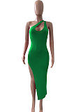 Women Pure Color Inclined Shoulder Open Fork Mini Dress NK246