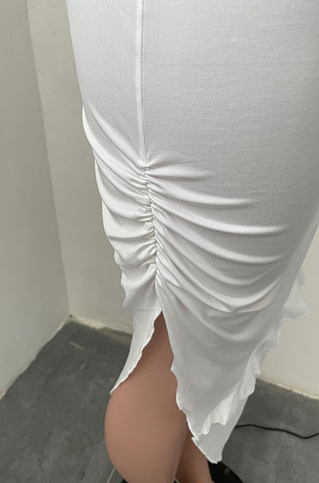 Pure Color Flounce Shirred Detail Midi Dress NK245