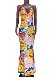 Euramerican Condole Belt Printing Deep V Backless Sexy Long Dress JZH8045
