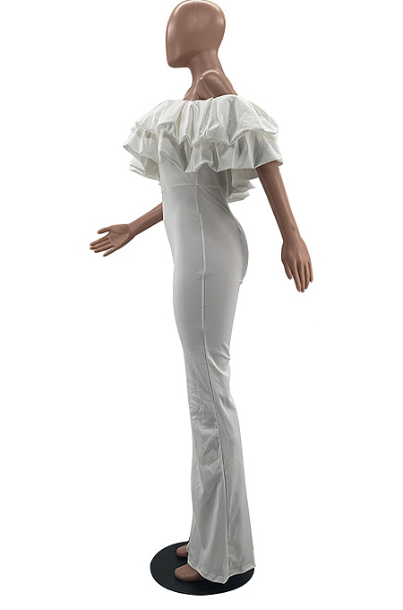 Fashion Casual Pure Color Flanging Flare Jumpsuits W8385 