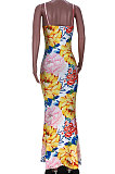 Euramerican Condole Belt Printing Deep V Backless Sexy Long Dress JZH8045
