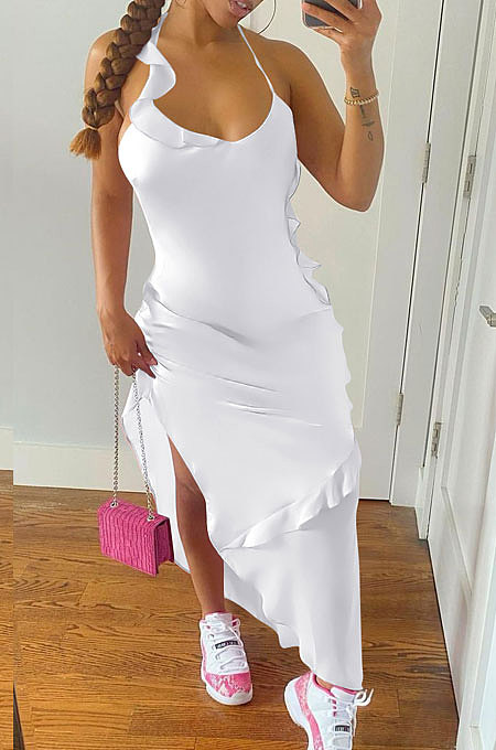 Pure Color Flounce Shirred Detail Midi Dress NK245