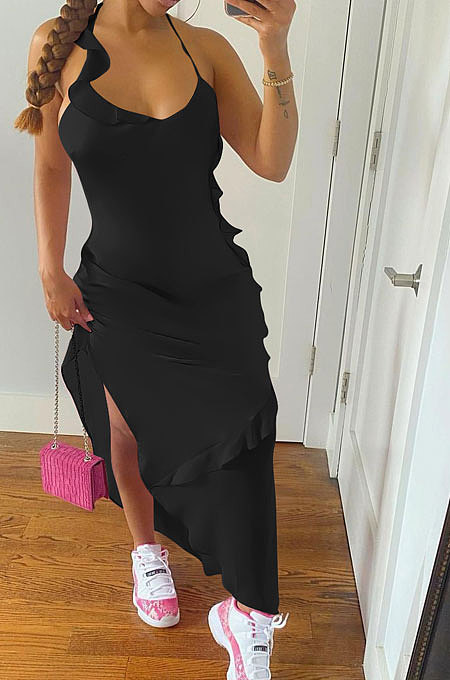 Pure Color Flounce Shirred Detail Midi Dress NK245