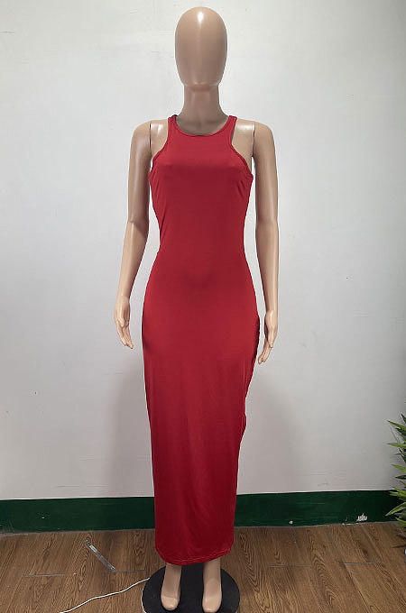 Fashion Off Shoulder Sleeveless Pure Color Long Dress AMM8352