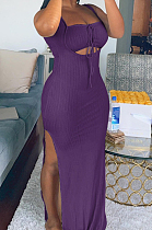 Fashion Pit Bar False Chest Wrap Hole Pure Color Long Dress QSS51005