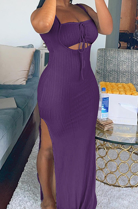 Fashion Pit Bar False Chest Wrap Hole Pure Color Long Dress QSS51005