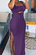 Fashion Pit Bar False Chest Wrap Hole Pure Color Long Dress QSS51005
