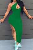 Women Pure Color Inclined Shoulder Open Fork Mini Dress NK246