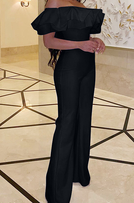Fashion Casual Pure Color Flanging Flare Jumpsuits W8385 