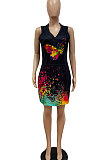 Women Fashion Casual Splash-Ink Lips Butterfly Printing Mini Dress GHH050