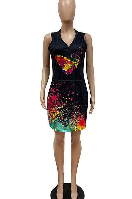 Women Fashion Casual Splash-Ink Lips Butterfly Printing Mini Dress GHH050