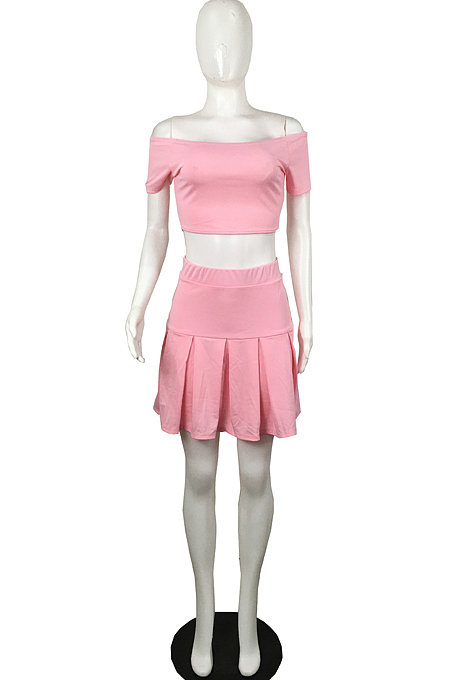 Sexy A Word Shoulder Short Sleeve Pleated Skirt Two-Piece L0352