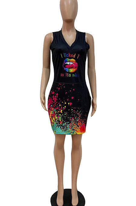Women Fashion Casual Splash-Ink Lips Butterfly Printing Mini Dress GHH050