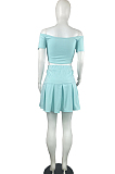 Sexy A Word Shoulder Short Sleeve Pleated Skirt Two-Piece L0352