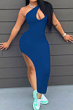 Women Pure Color Inclined Shoulder Open Fork Mini Dress NK246