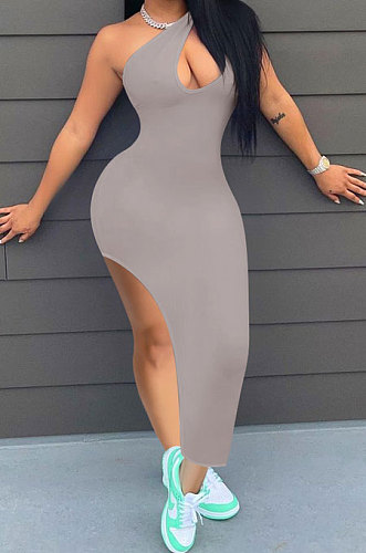 Women Pure Color Inclined Shoulder Open Fork Mini Dress NK246
