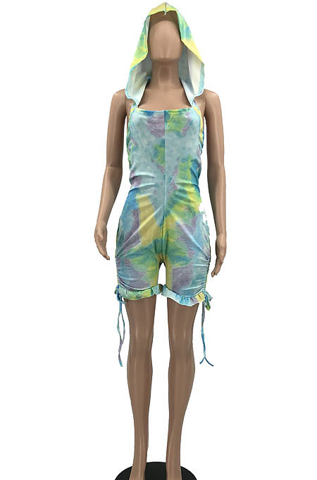 Casual Sexy Hoodies Tie Dye Flounce Backless Romper Shorts MQX2355