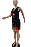 Women Fashion Casual Splash-Ink Lips Butterfly Printing Mini Dress GHH050