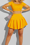 Sexy A Word Shoulder Short Sleeve Pleated Skirt Two-Piece L0352
