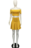 Sexy A Word Shoulder Short Sleeve Pleated Skirt Two-Piece L0352