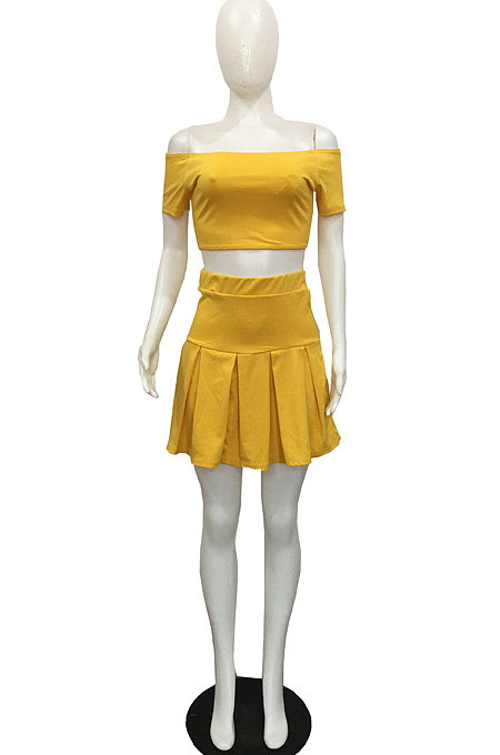 Sexy A Word Shoulder Short Sleeve Pleated Skirt Two-Piece L0352