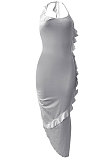 Pure Color Flounce Shirred Detail Midi Dress NK245