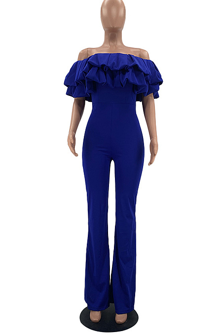 Fashion Casual Pure Color Flanging Flare Jumpsuits W8385 