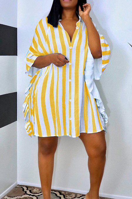 Casual Stripe Flornce Loose Sports Shirt Dress L0350