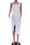 Condole Belt Sleeveless Zipper Open Fork Midi Dress JZH8057
