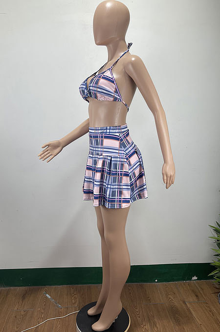 Plaid Printing Casual Chest Wrap Skirts Sets AMM8353