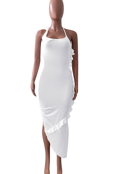 Pure Color Flounce Shirred Detail Midi Dress NK245
