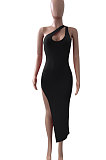 Women Pure Color Inclined Shoulder Open Fork Mini Dress NK246