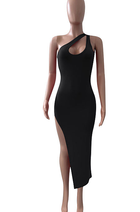 Women Pure Color Inclined Shoulder Open Fork Mini Dress NK246