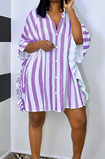 Casual Stripe Flornce Loose Sports Shirt Dress L0350
