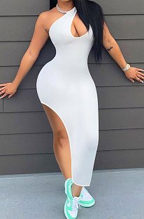Women Pure Color Inclined Shoulder Open Fork Mini Dress NK246