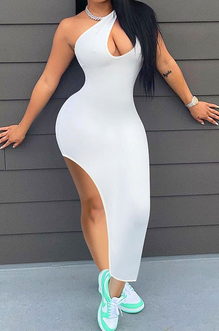 Women Pure Color Inclined Shoulder Open Fork Mini Dress NK246