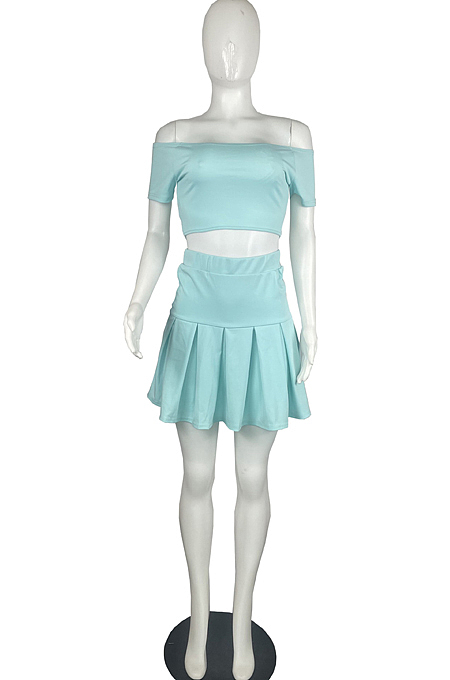 Sexy A Word Shoulder Short Sleeve Pleated Skirt Two-Piece L0352