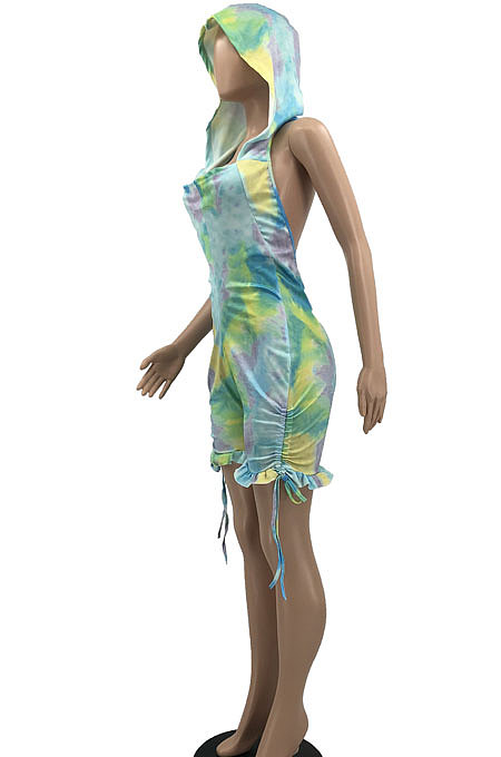 Casual Sexy Hoodies Tie Dye Flounce Backless Romper Shorts MQX2355